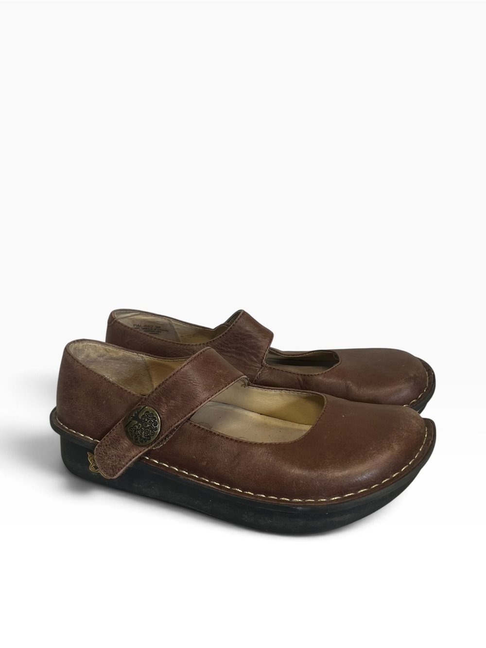 Alegria Brown Leather Mary Jane Clogs with Decorative Button Strap